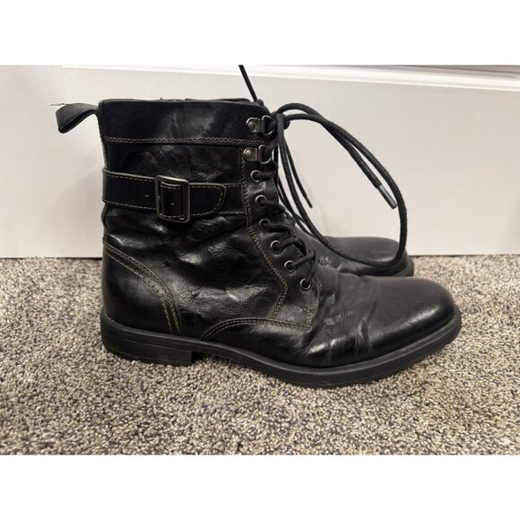 Ashton Grey Black Leather Lace Up Buckle Boots Size 10 - Picture 1 of 8
